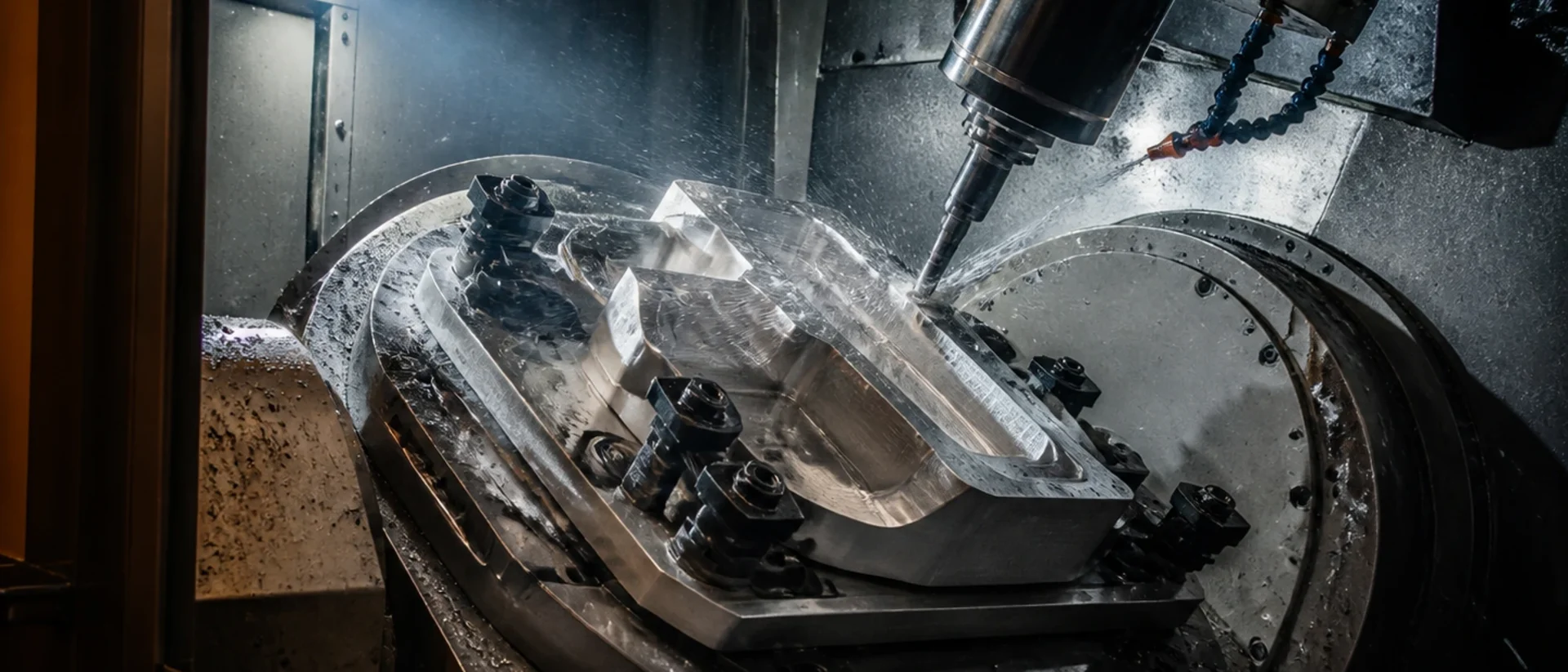 A five-axis trunnion mid-cut: an end mill engaged in the spindle cutting a clamped aluminum billet, coolant spraying across the work, the part held down on toe clamps inside the machine enclosure.