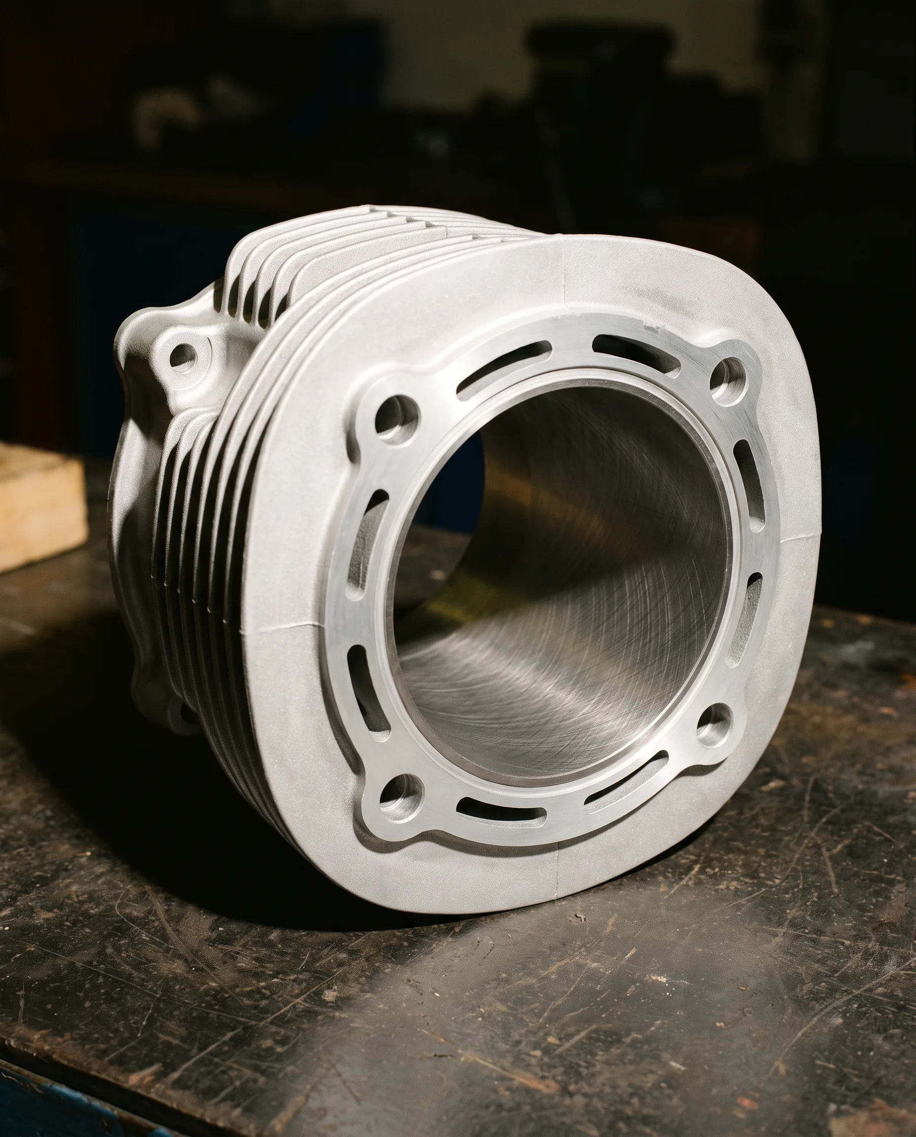 A big-bore motorcycle cylinder standing on the bench, its honed bore and cross-hatch visible through the deck, cooling fins and stud bosses giving the true scale of the part.