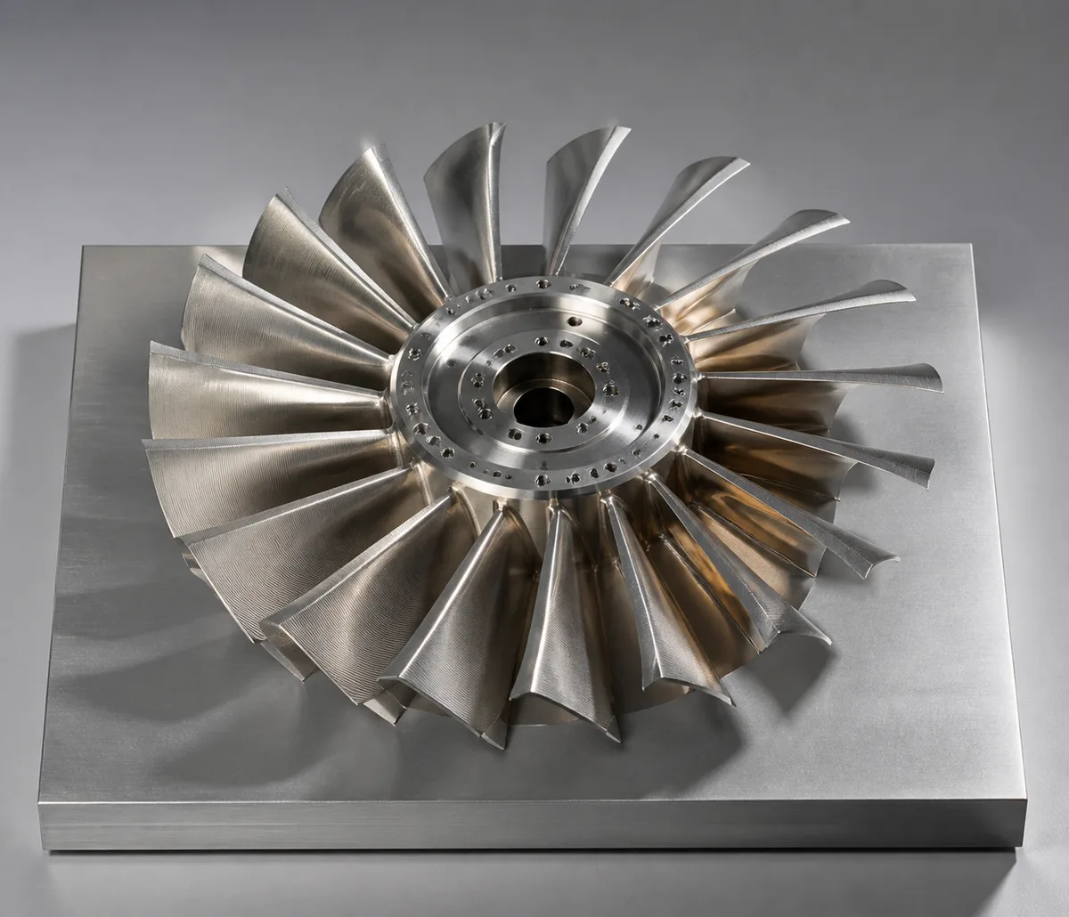 A machined bladed turbine wheel mounted on a plate.