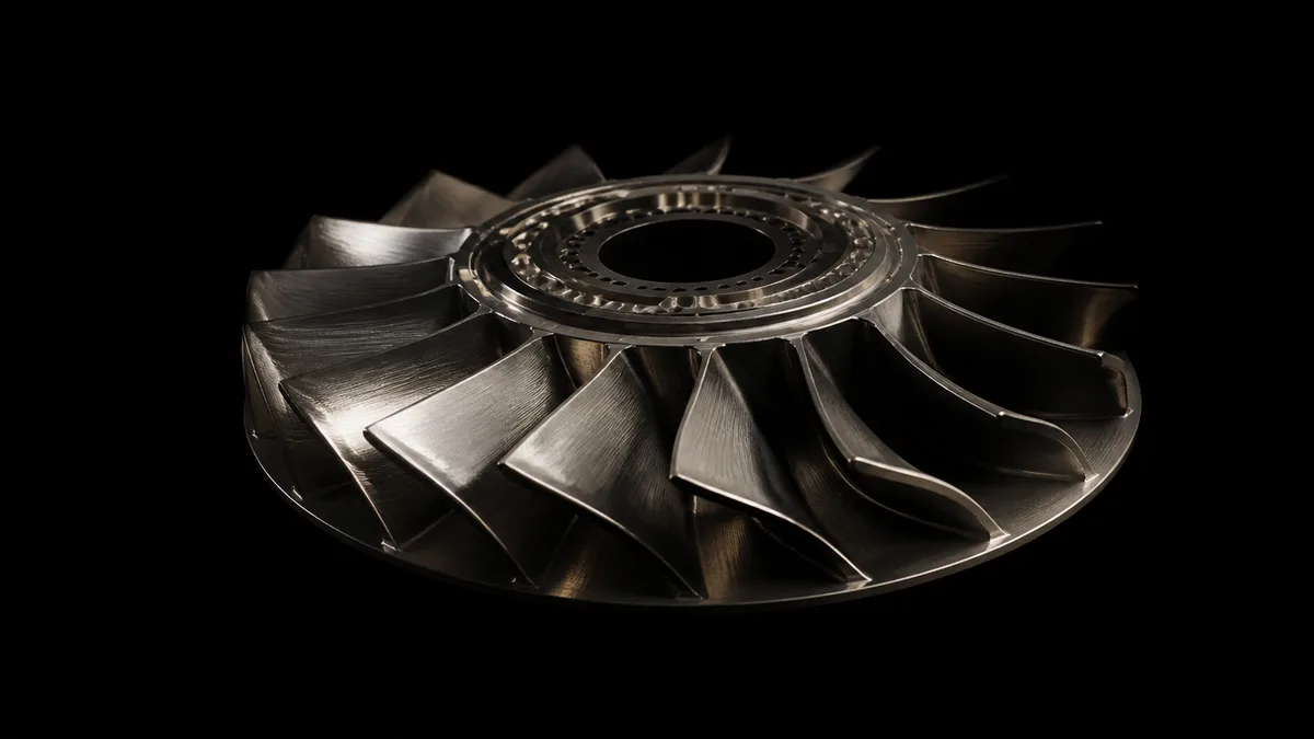 A compressor wheel seen low-angle on black.