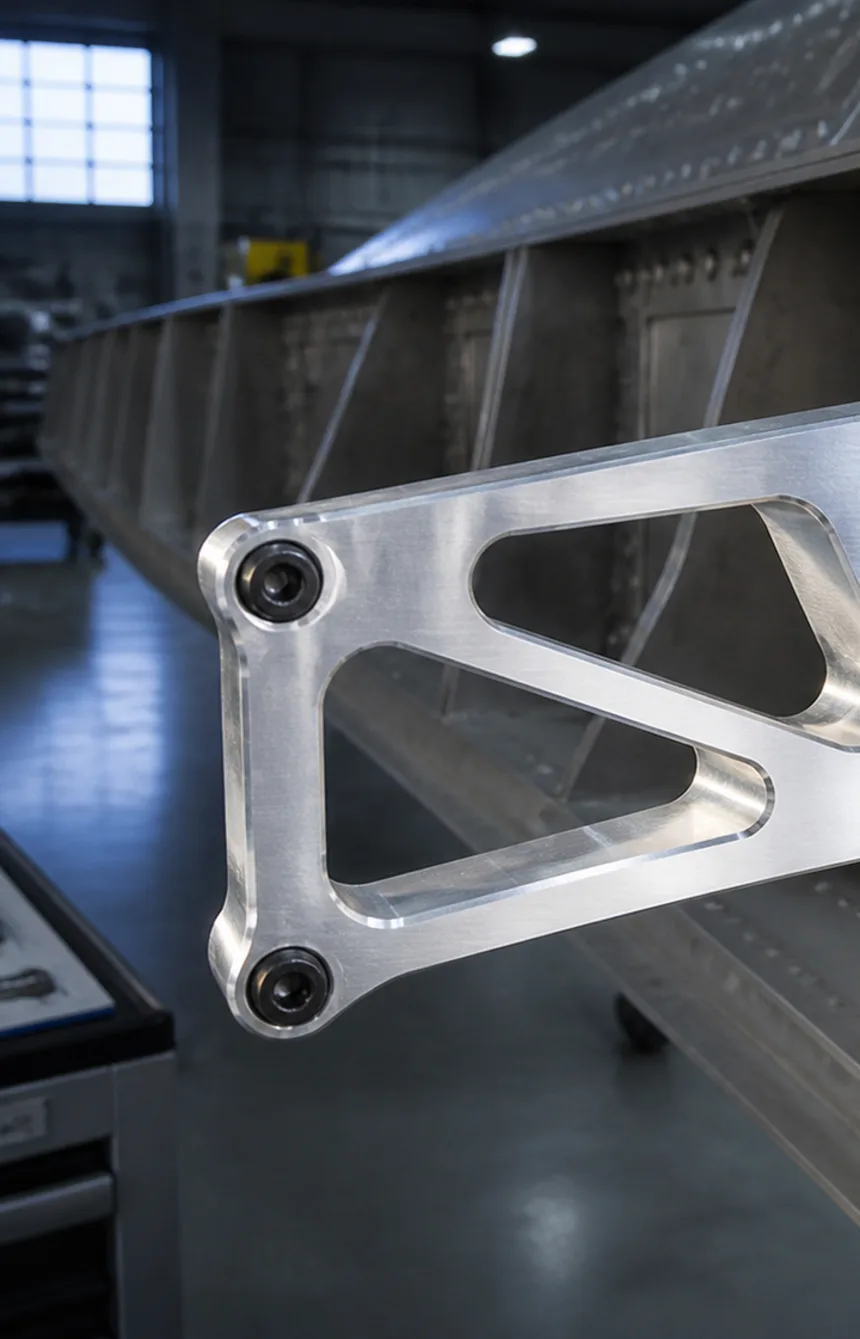 A machined aluminum bracket held sharp in the foreground, a large riveted aerostructure spar blurred in the hangar behind it.