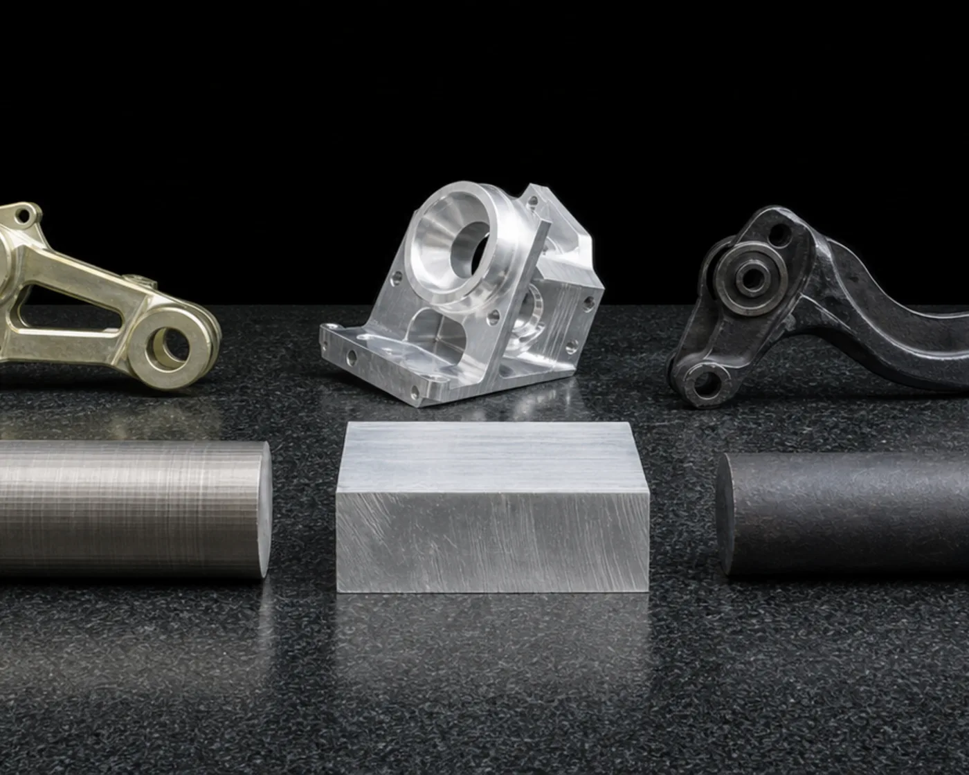A turned round bar and a rough-sawn aluminum billet block in the foreground on a granite bench, with a bronze-toned forged link, a machined aluminum housing and a dark forged arm behind them.