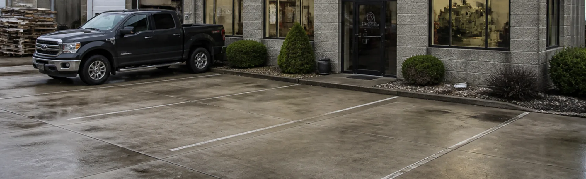 A block-fronted industrial building behind wet paving, a pickup parked out front and machinery visible through one window.