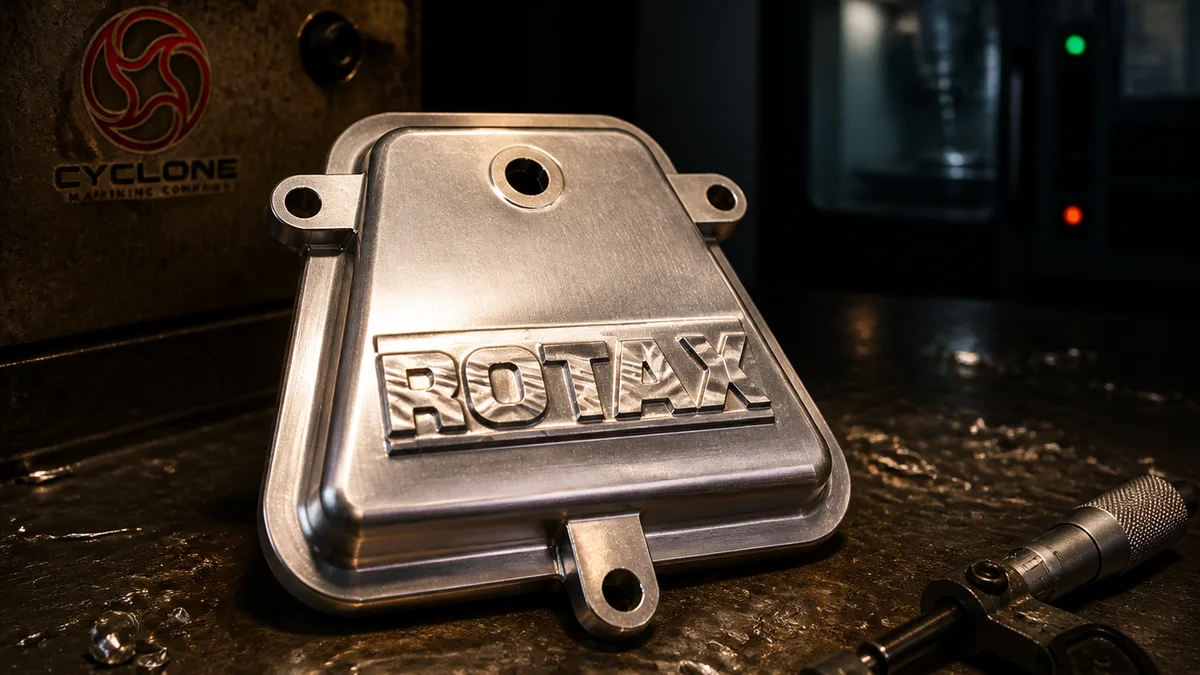 A relief-milled aluminum engine cover standing on an oil-darkened shop bench, its lettering and pocket walls cut proud of the face, radiused edges and three bossed mounting tabs, a micrometer resting beside it.