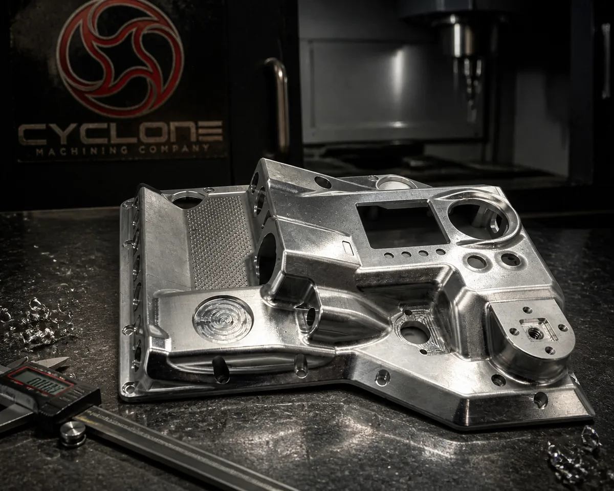 A large machined aluminum plate with a milled pocket, bored holes and a knurled pad, resting on a dark granite bench among aluminum chips beside a digital caliper, with a machine's spindle behind it.