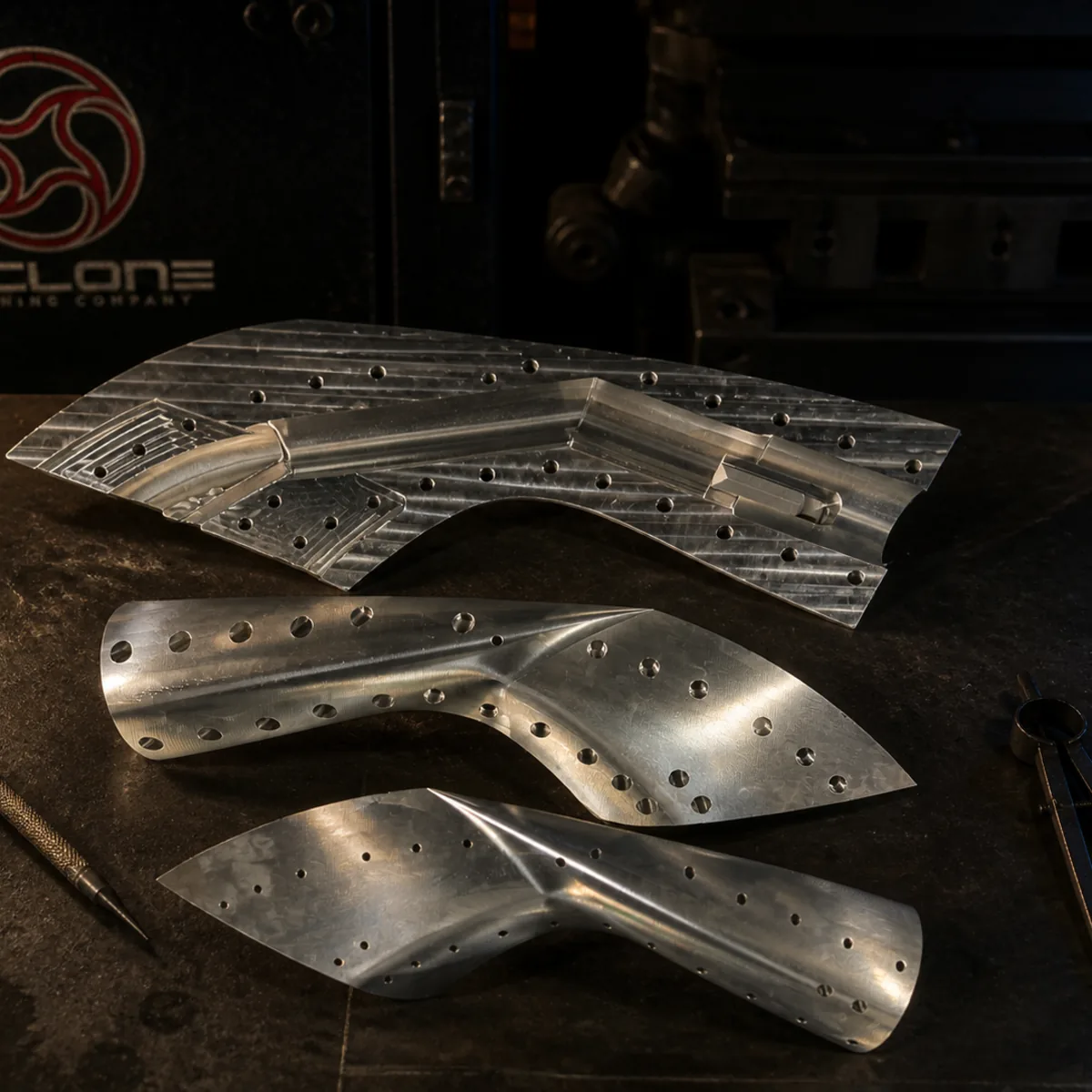 Three contoured aluminum panels on a dark bench: the largest pocketed, ribbed and drilled, the two smaller ones curved, each drilled to its own pattern, a scriber and dividers beside them.