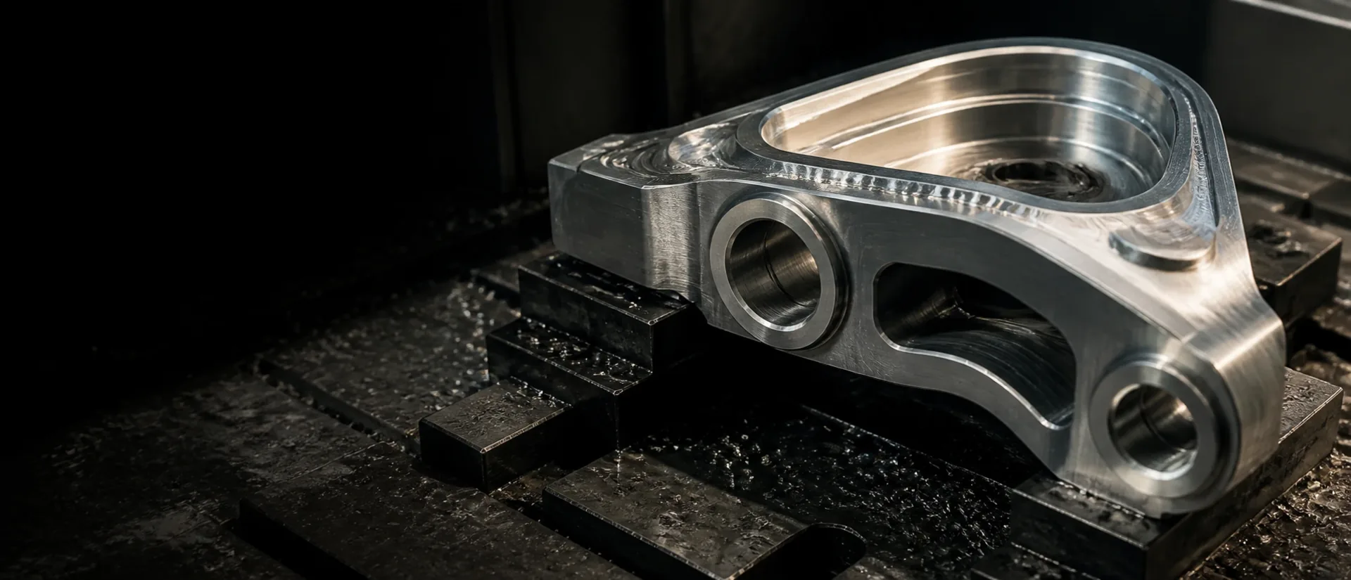 A machined aluminum bracket clamped on parallels inside the machine, coolant still on the table.