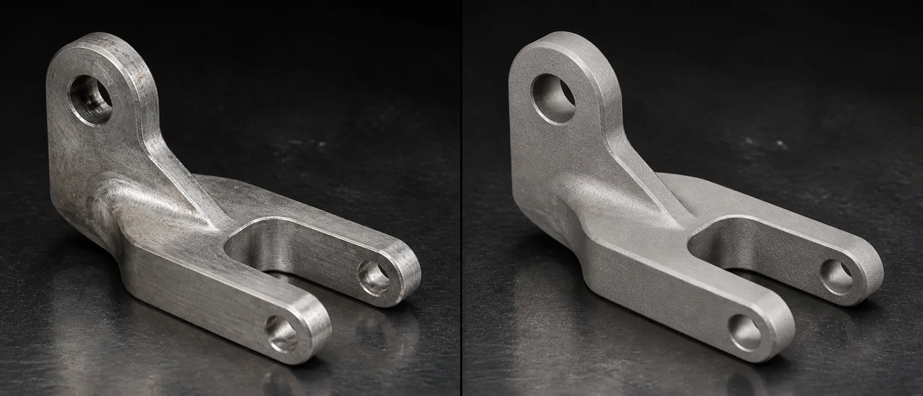 The same machined bracket shown twice under one light: at left as it came off the machine with cutter witness across the faces, at right after vapor blasting, the same edges and the same bores now carrying an even satin.