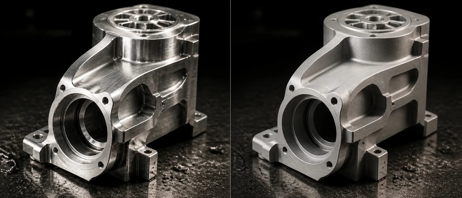 A machined aluminum housing shown twice under one light: at left straight off the machine, the cut faces still bright and carrying tool witness; at right after vapor blasting, every face and radius now an even matte.