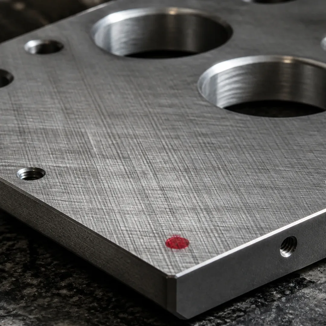 The corner of a satin-finished machined aluminum plate with two bored holes, tapped holes, cross-hatched tool witness marks and a small red witness dot, resting on a dark granite surface.
