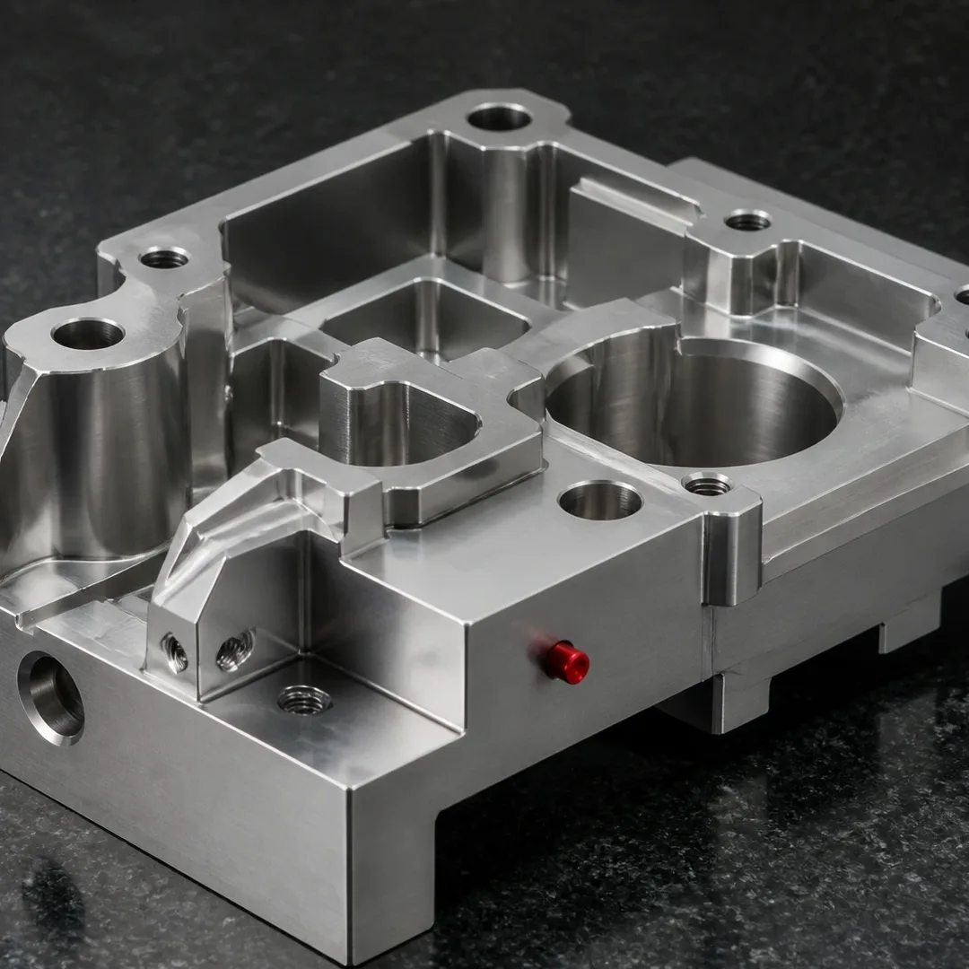 A machined manifold block, deep-pocketed with bores and mounting bosses.