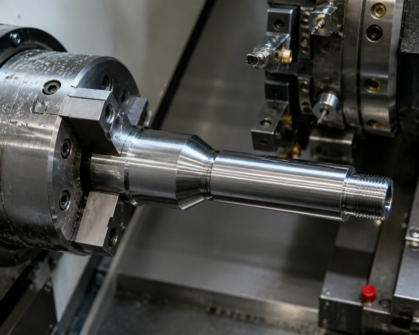 A turned, stepped shaft with a threaded end, held in bored soft jaws on the lathe, turret tooling behind it.