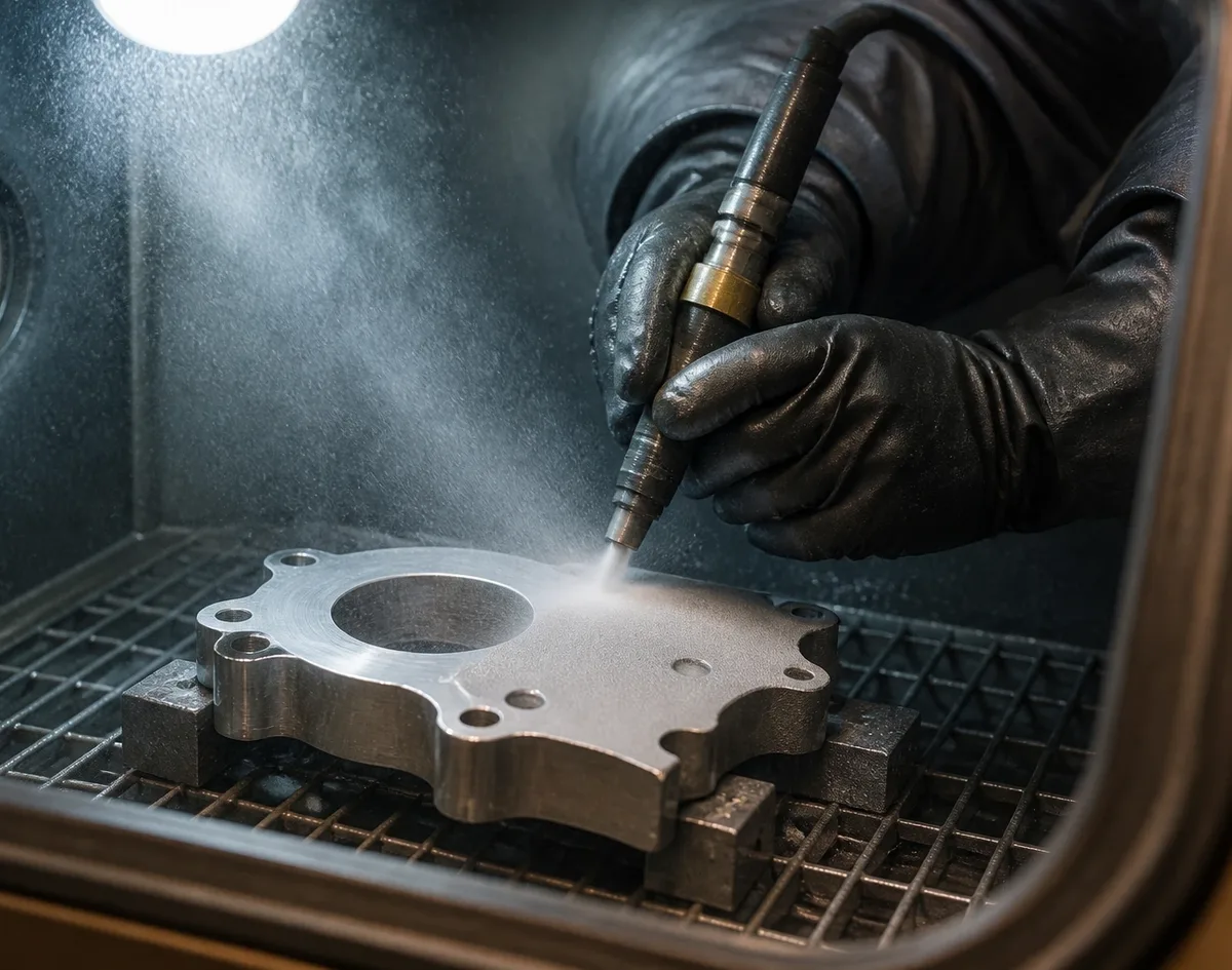 A gloved hand blasting a machined flange plate on the cabinet grate, the media plume mid-pass.