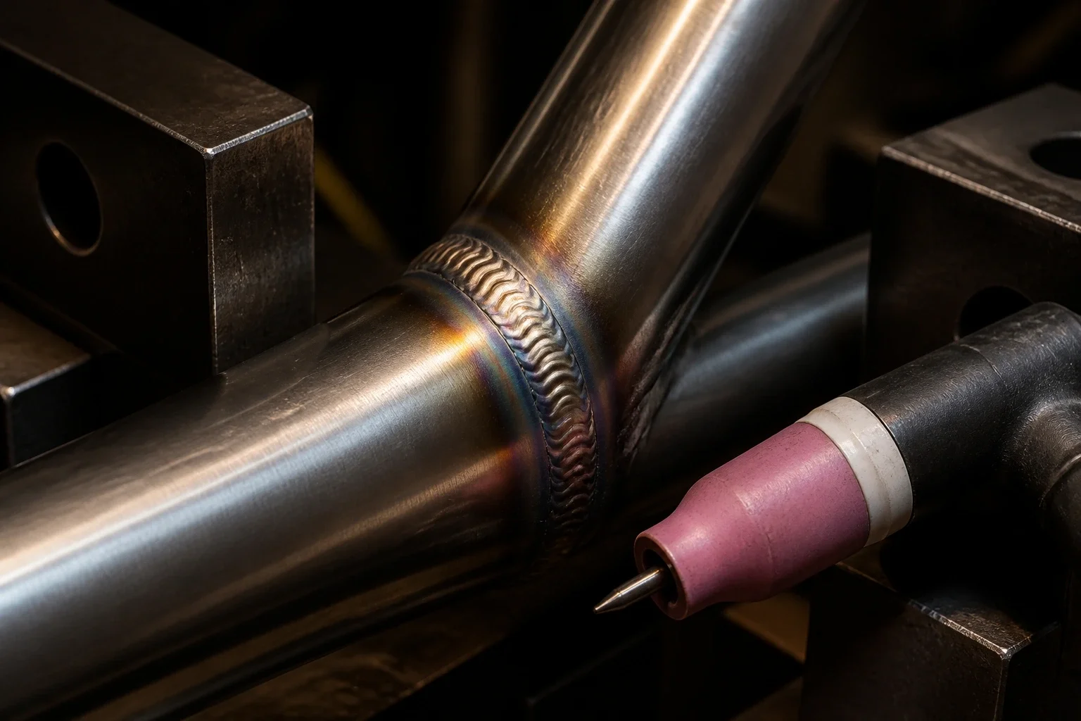 A stainless tube joint TIG-welded in steel fixture blocks, the ripple bead even around the junction with a wide heat-tint band either side, and the torch set down beside it, no arc struck.