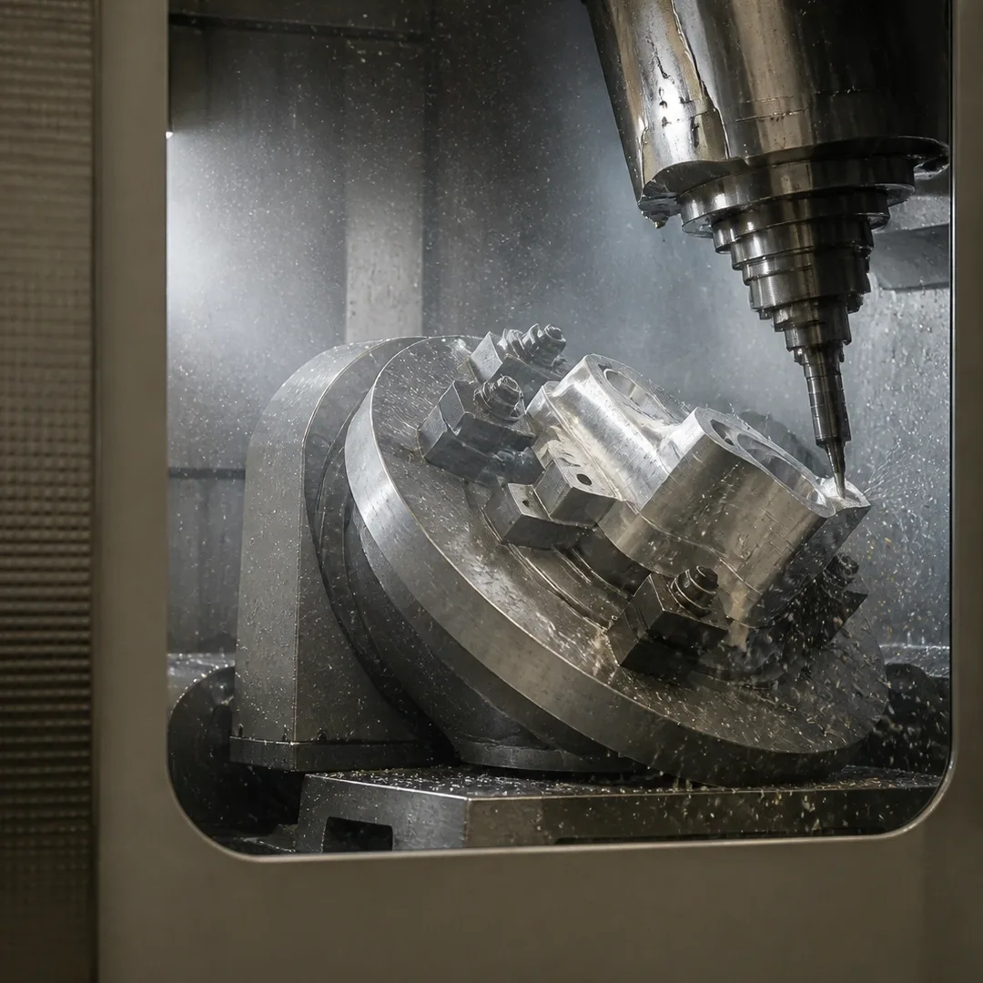 Through a machine window, a rotary trunnion tilted off horizontal carrying a blocky multi-boss workpiece on toe clamps, a slim tapered end mill engaged at the part's edge with coolant breaking across the frame.