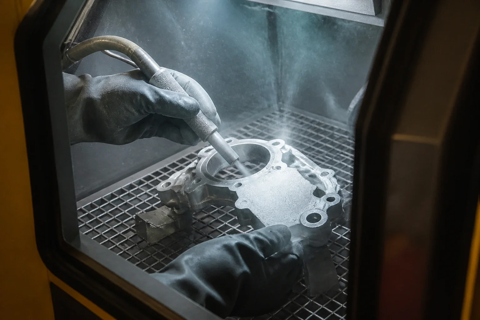 Seen through the cabinet window, two gauntleted hands work a blast gun over a cast aluminum cover on the steel grate.