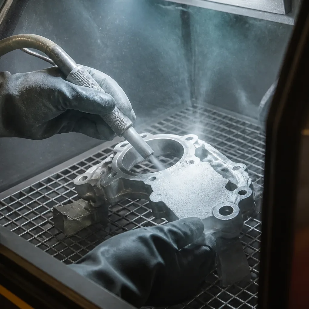 A gloved hand vapor-blasting a machined housing inside the blast cabinet.