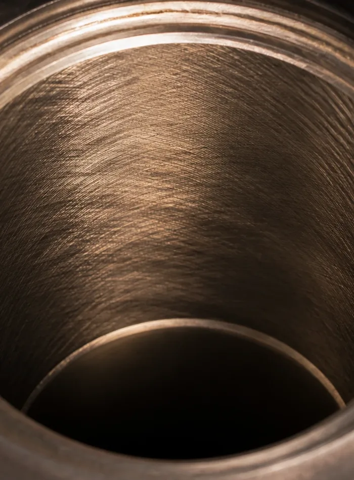 A honed cylinder bore, macro, showing the cross-hatch finish inside a machined part.