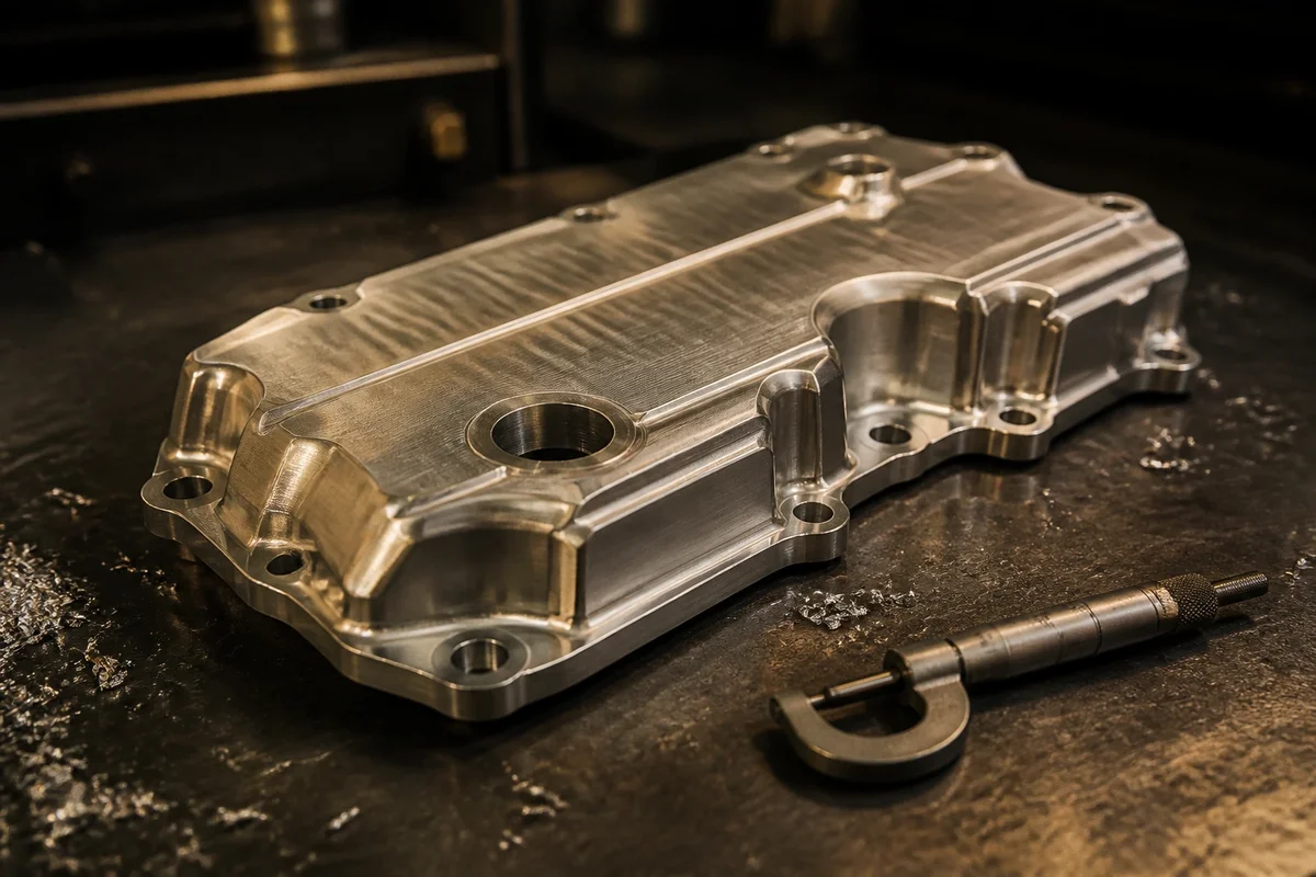 A machined billet cover with ribbed fin geometry and bored mounting holes, resting on a dark bench beside a micrometer.
