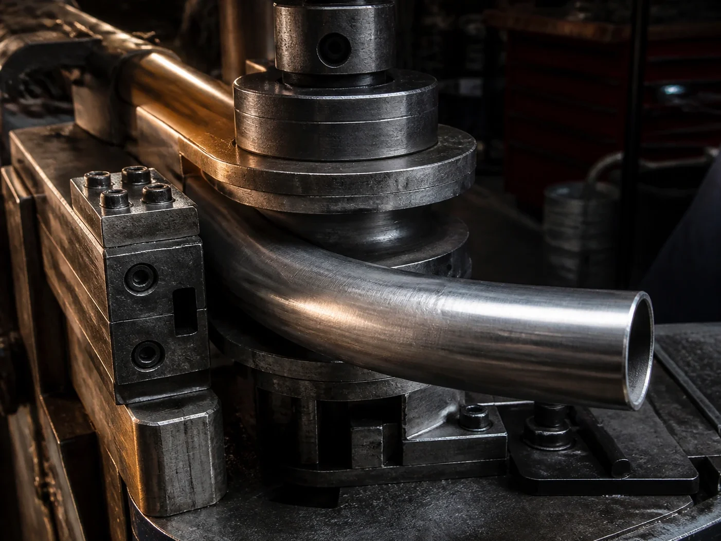 A steel tube mid-bend in the rotary draw bender, the die and follower clamped on it, the finished radius coming off the machine.