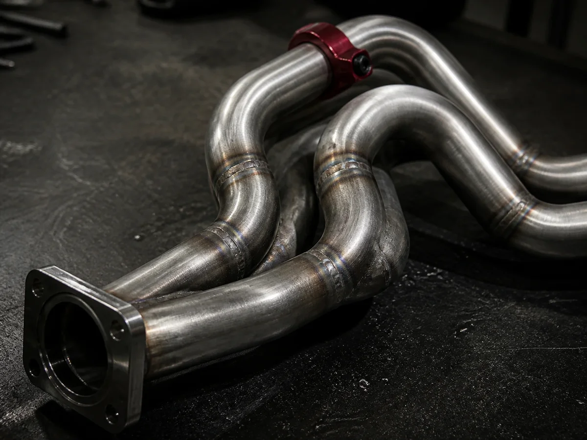 Two stainless primaries bent and TIG-welded into a two-into-one header on the bench, a heat-tint ring at every joint, ending in a machined four-bolt flange, a third run with a red anodized clamp passing behind.