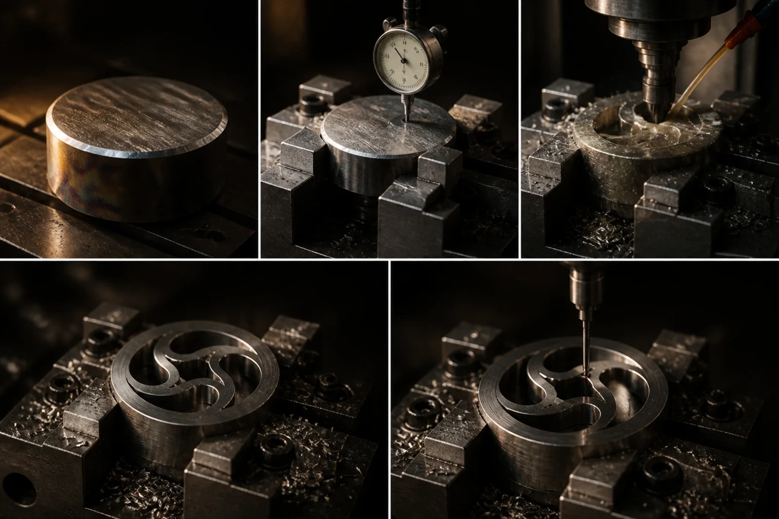 Five panels in sequence: a round billet on the machine table; a dial indicator set on its face to find the datum; an end mill opening a pocket with coolant running and chips clearing; the finished swept relief standing proud of the stock in its step-block clamps; and a touch probe returned to the machined face to measure it.