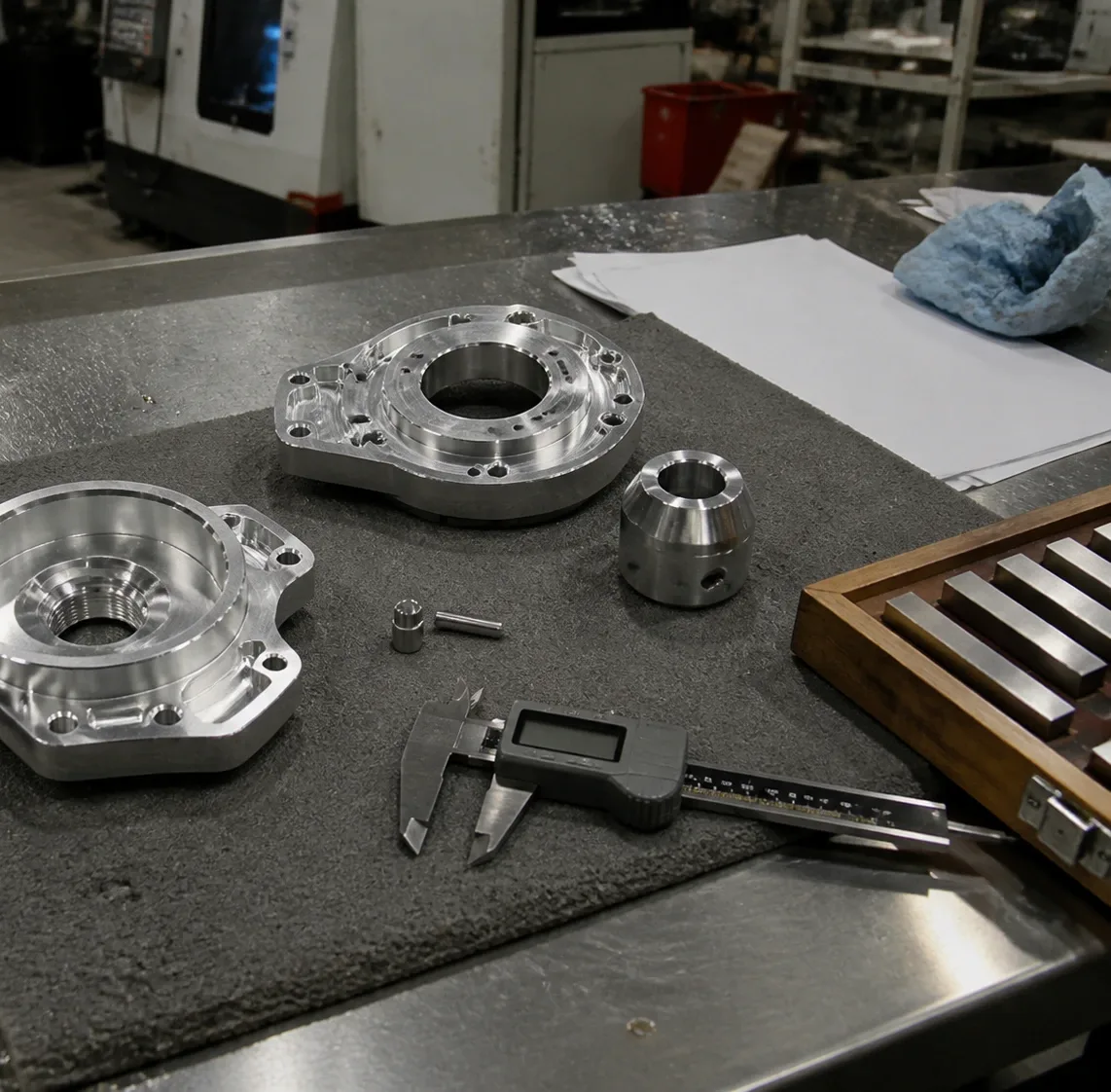 Two machined aluminum housings on an inspection mat beside a digital caliper and a gauge-block set, a CNC machine enclosure behind.