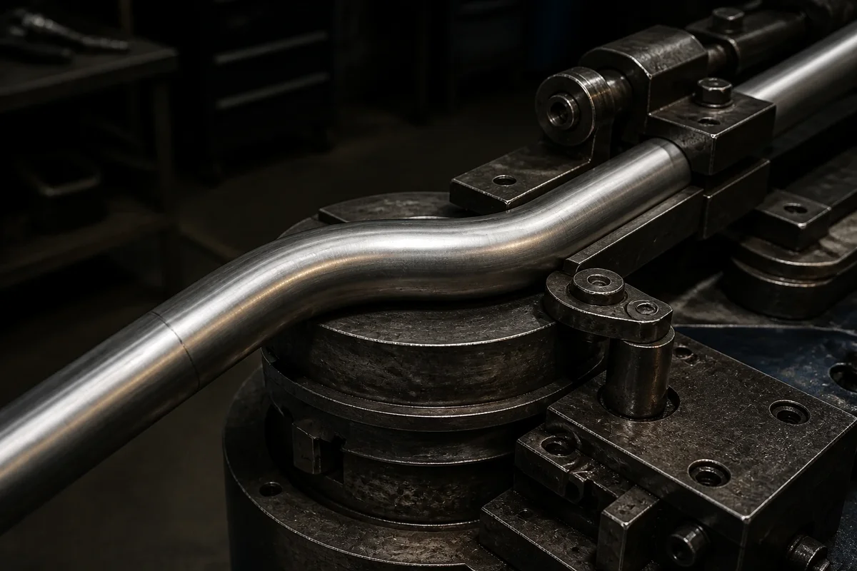 A stainless tube part-way through the rotary draw bender, the finished radius clean and unwrinkled, the die and follower still clamped on it.