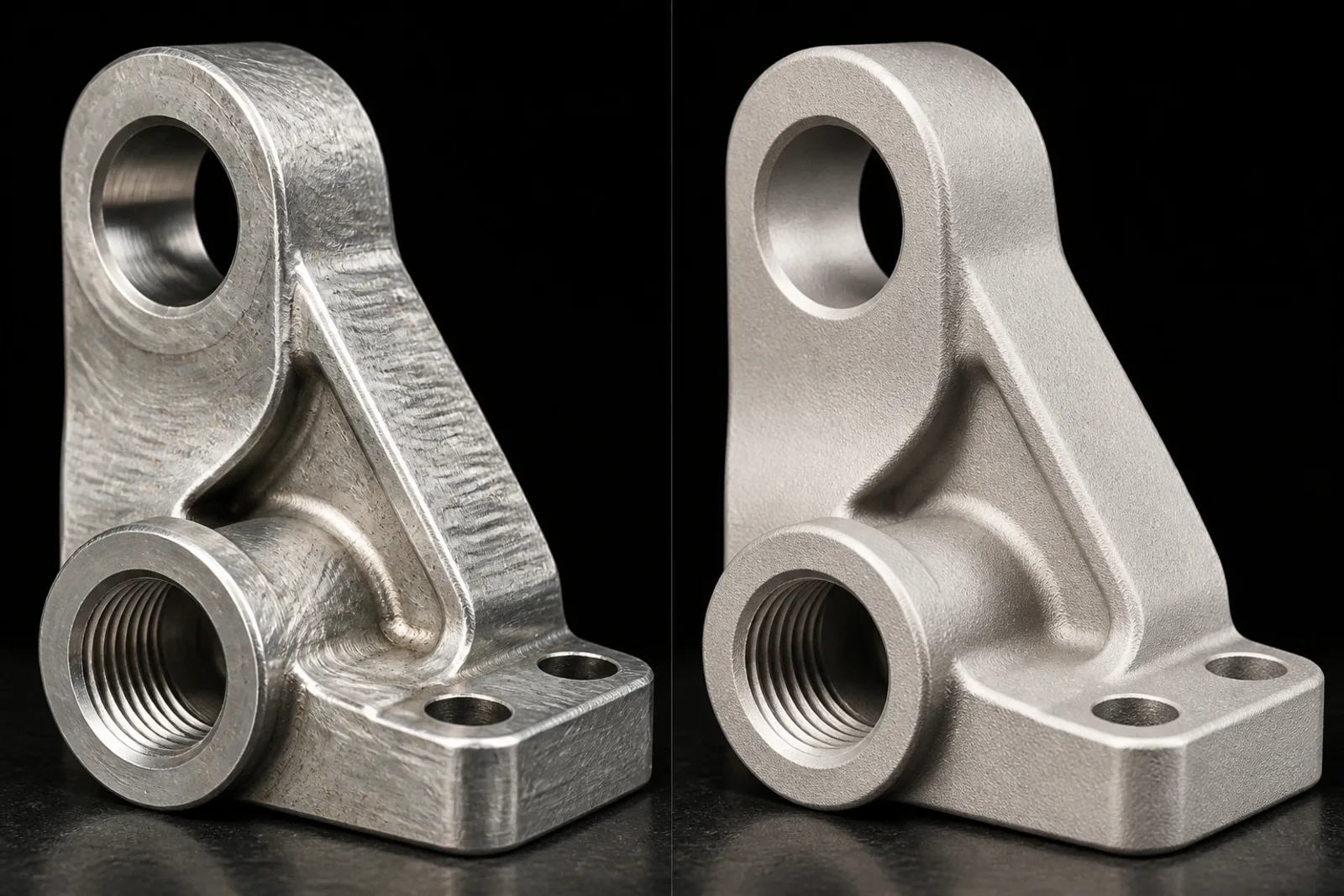 One machined bracket shown twice on black: at left as machined, cutter marks across the faces; at right blasted to an even matte, the threaded bore and mounting holes unchanged.