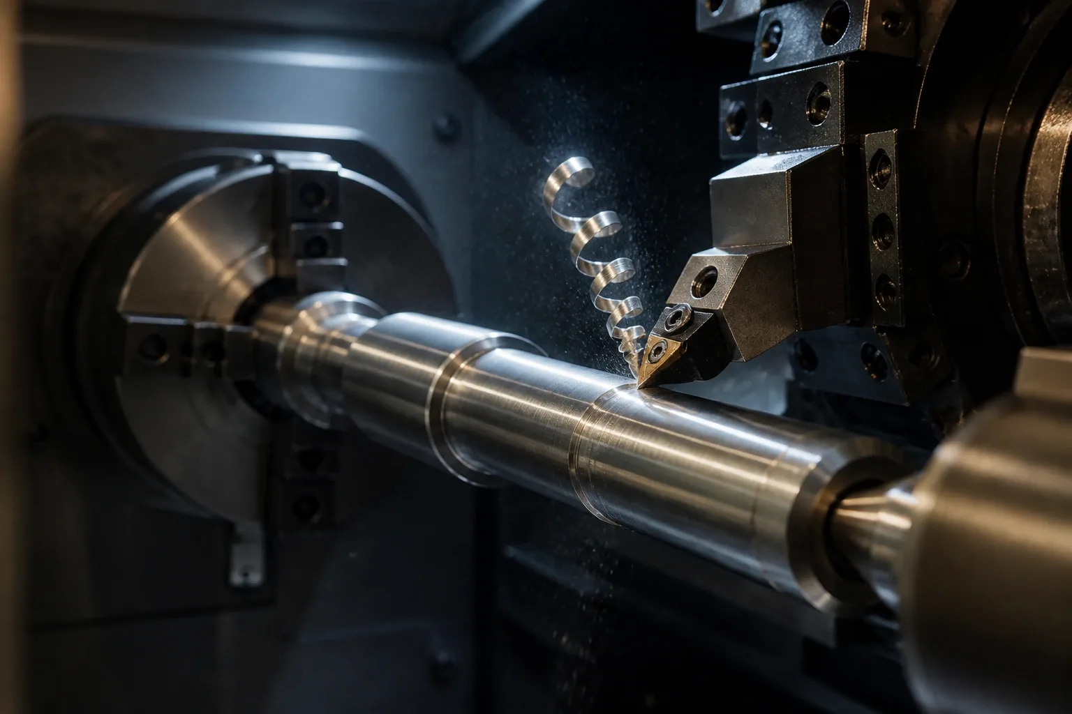 A stepped shaft turning in the lathe chuck, the insert engaged in the cut and a bright chip curling off the tool.