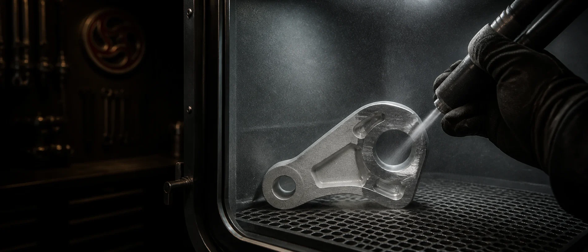 A part inside the vapor-blast cabinet, media hitting the surface under work light.
