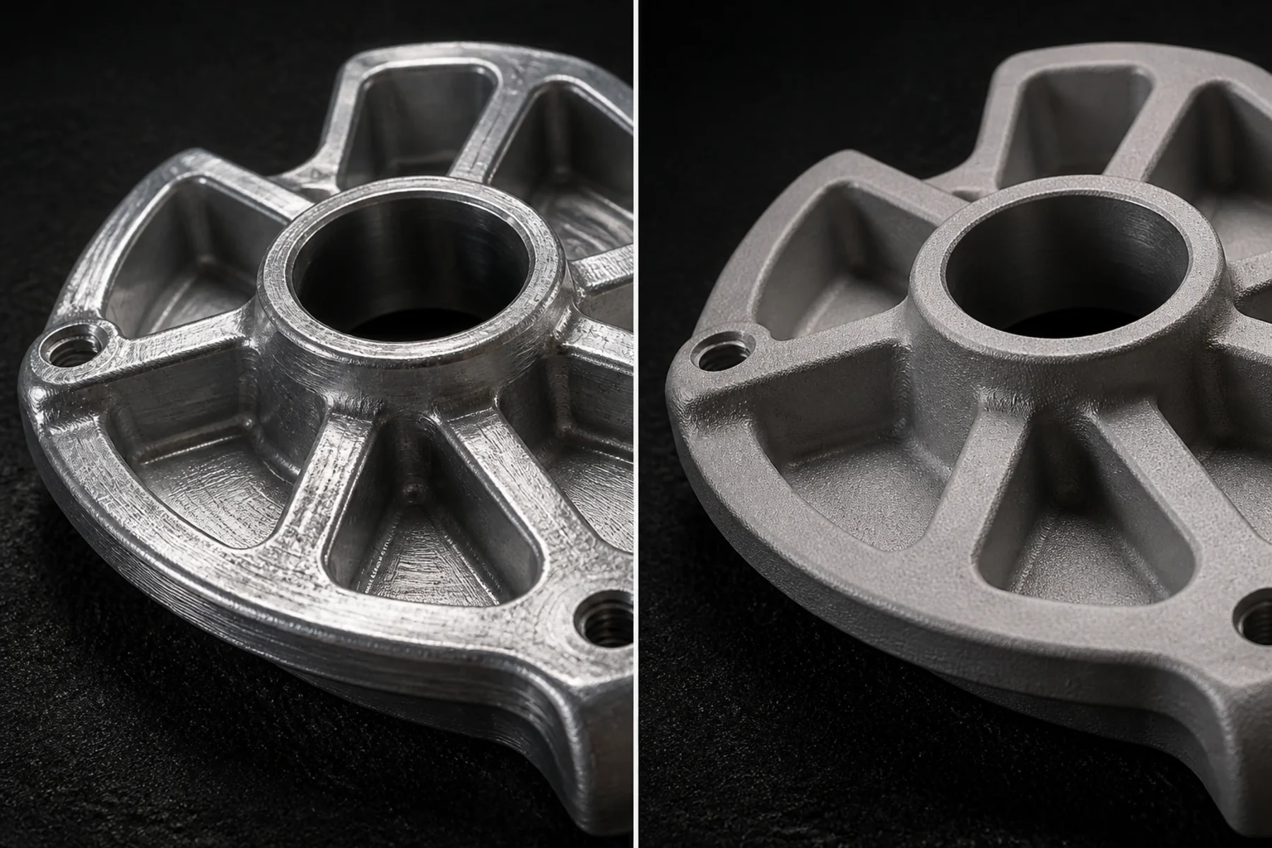 One machined aluminum housing shown twice under identical light: at left as it came off the machine, tool paths and cutter marks catching the highlight; at right after vapor blasting, the same faces and the same edges now carrying an even satin.