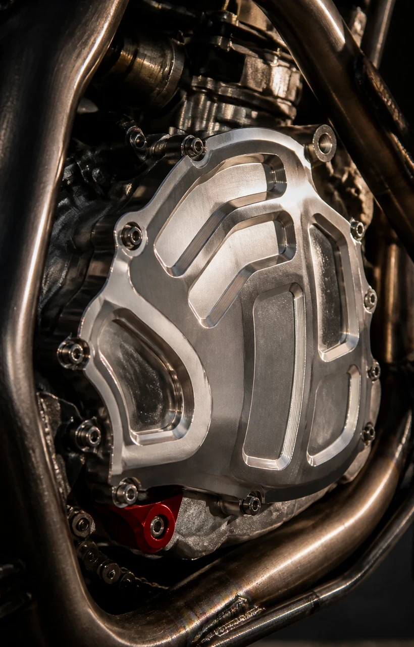 A billet machined engine cover bolted to a race motorcycle, TIG-welded stainless headers wrapping around it.