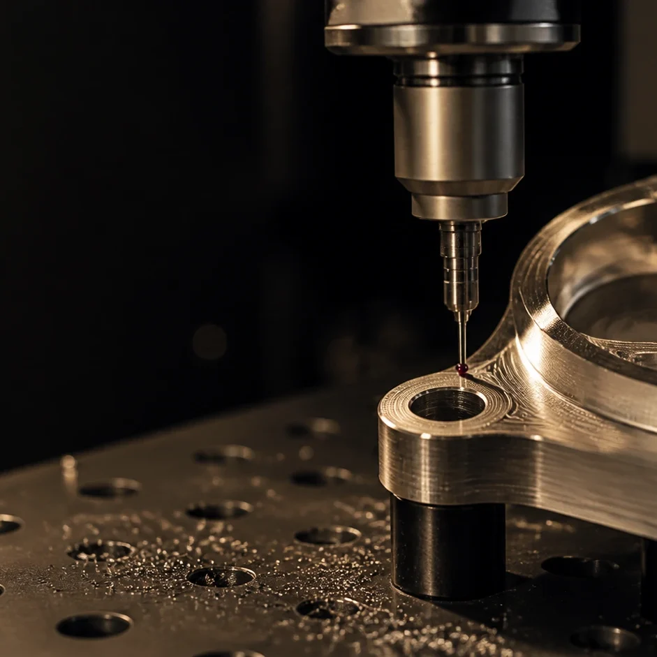 A slender probe stylus descending into a bored flange clamped on the fixture plate, checking the part in the machine before it comes off.