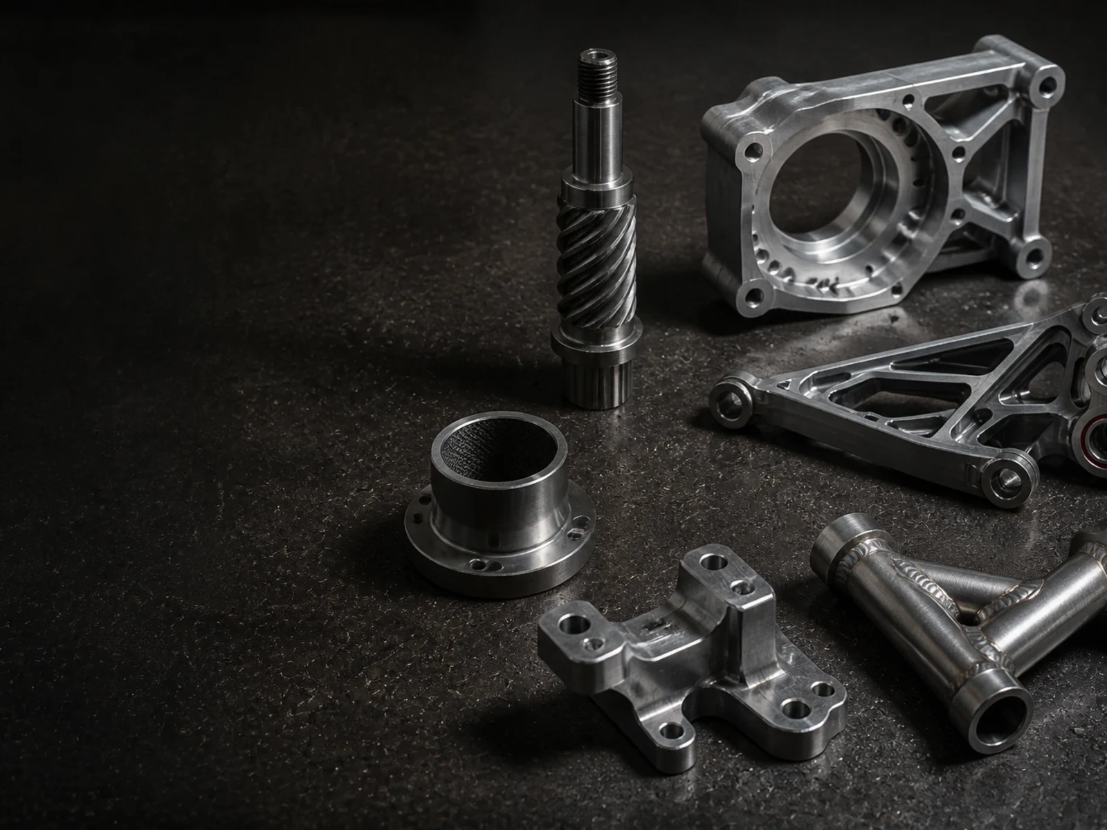 A family of machined one-off parts on dark stone: a helical worm shaft, a bored bracket housing, a topology-milled suspension arm with its bearing seated, a carbon-lined flanged sleeve, and a TIG-welded stainless Y-manifold.