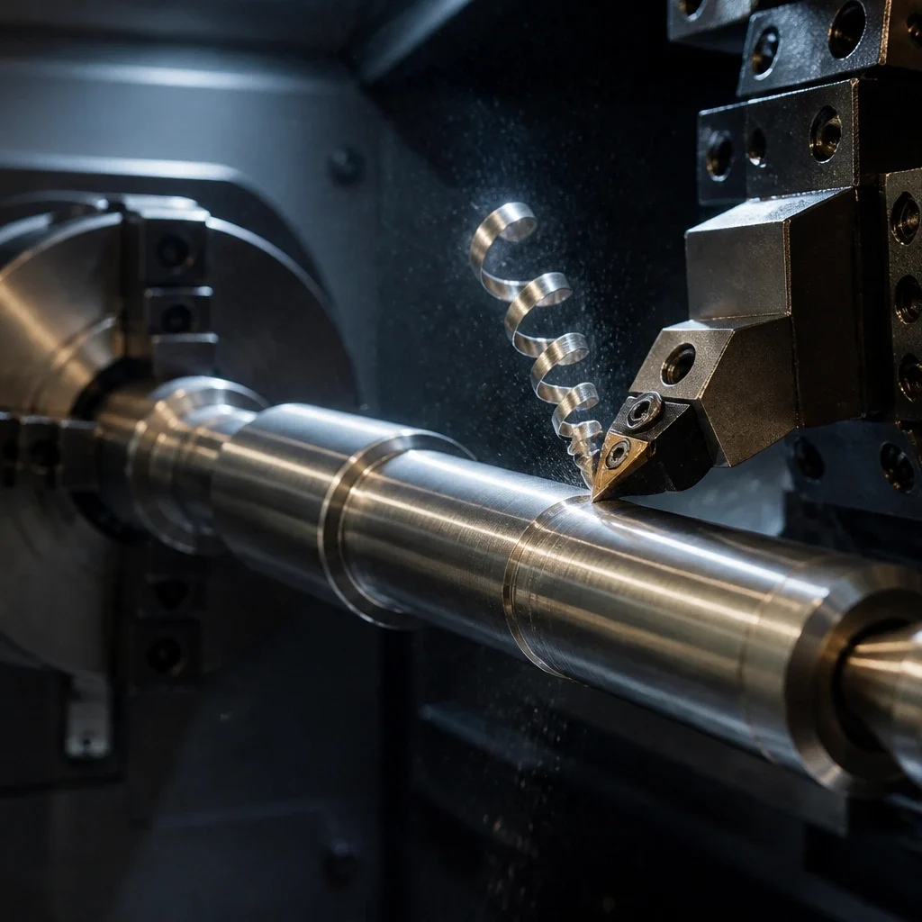 A stepped shaft being turned in the CNC lathe, the insert in the cut and a chip curling away above it.