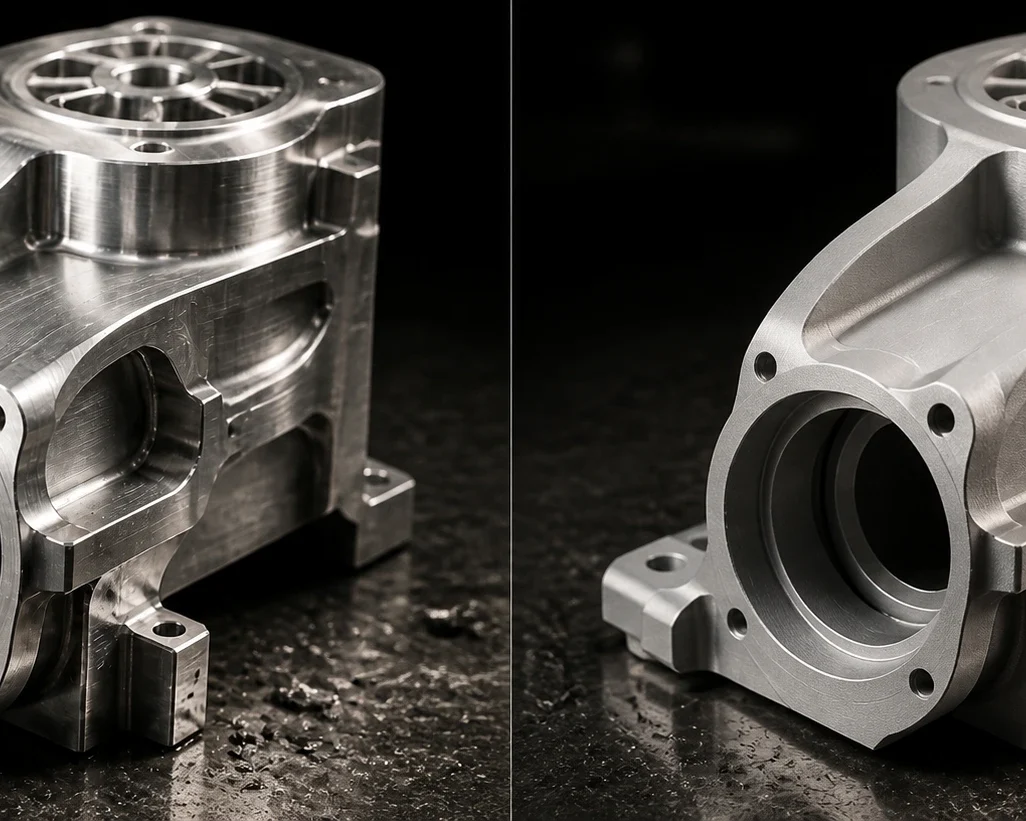A machined aluminum housing split across two panels: bright as cut at left, an even blasted matte at right, chips on the dark stone beneath.