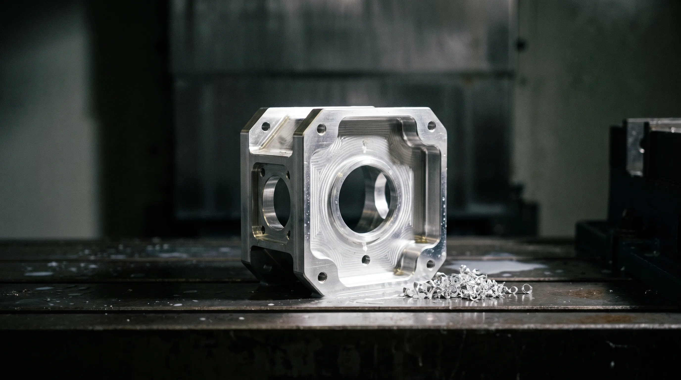 A machined aluminum housing on a T-slot table, backlit: a stepped central bore, a pocketed front face around a raised boss, a second bored face at ninety degrees, curled chips beside it.