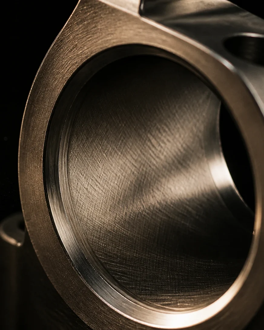 The chamfered mouth of a bronze-toned bore up close, a fine cross-hatch across the wall under a warm side light.