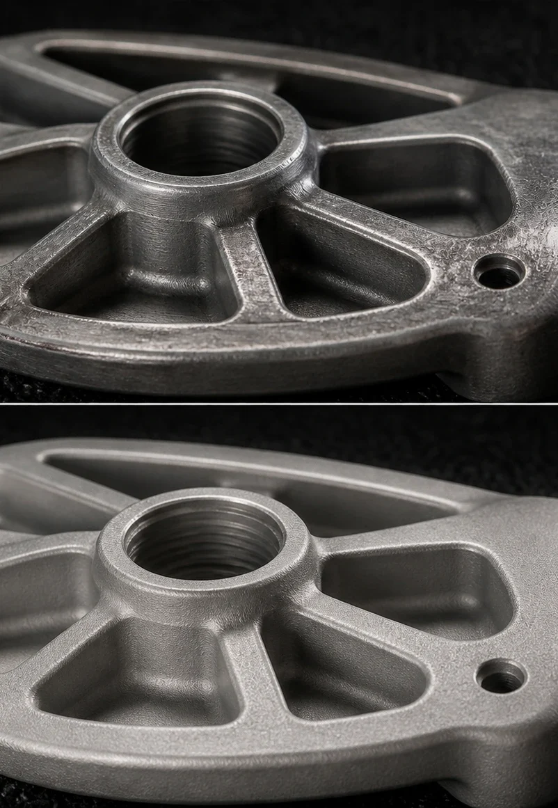 The same machined casting shown twice in identical framing: above, as it came off the machine with cutter witness across the web and the threaded boss; below, after blasting, the same faces and the same threads carrying an even matte.
