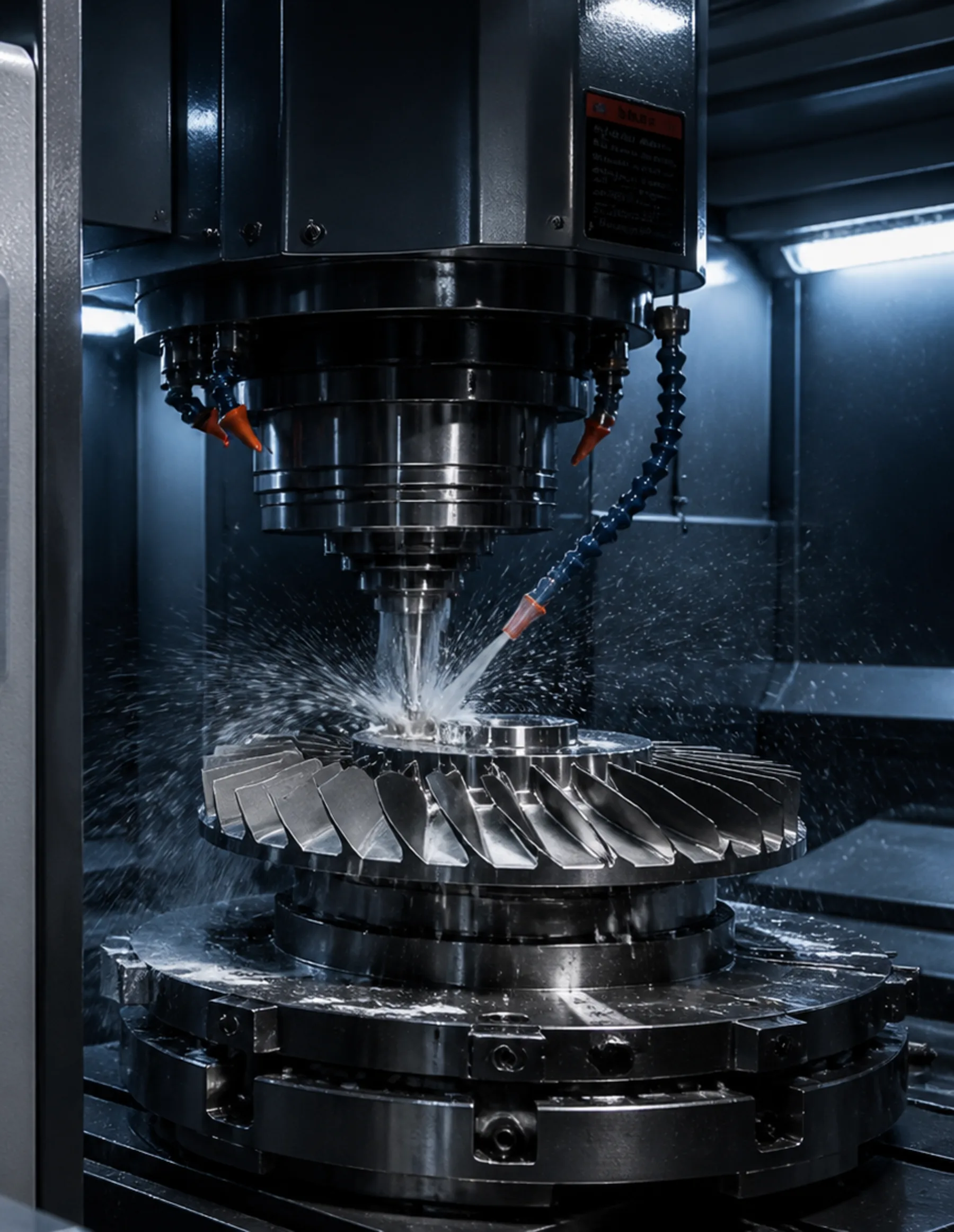 A bladed wheel on a round rotary table under the spindle, coolant spraying from the nozzles around the tool.